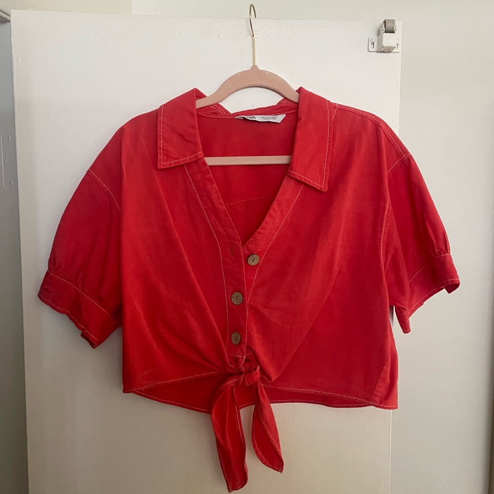 Zara Orange Button Down Crop Tie Top